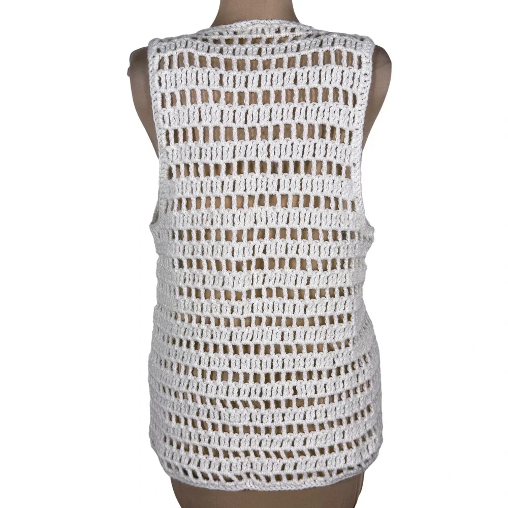 Vintage Hand Crocheted Cream Vest Tie Front Boho Regencycore Hippie‎ Open Knit - Picture 4 of 7